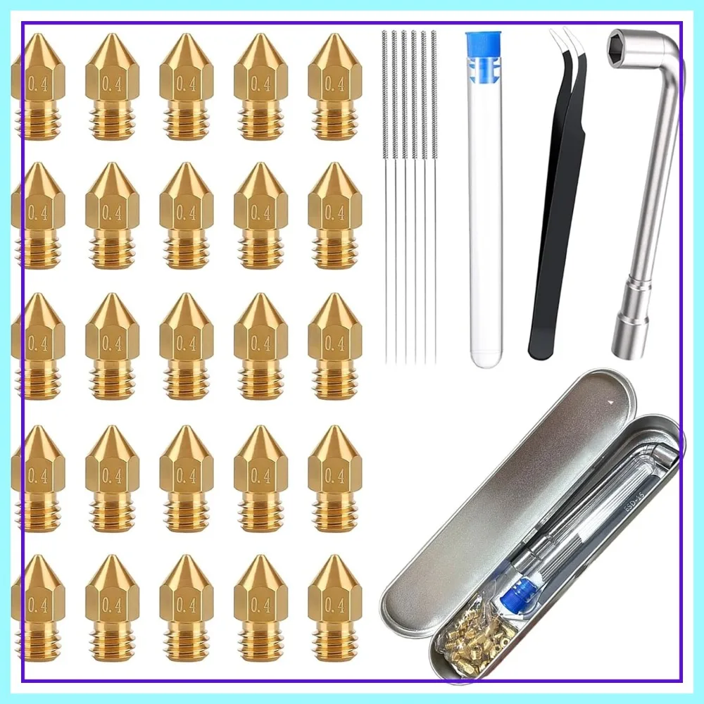 25PCS 0.4mm Brass 3D Printer Nozzles with Metal Storage Box, Compatible with Ender 3/CR 10 Series
25PCS 0.4mm Brass 3D Printer Nozzles with Metal Storage Box, Compatible with Ender 3/CR 10 Series