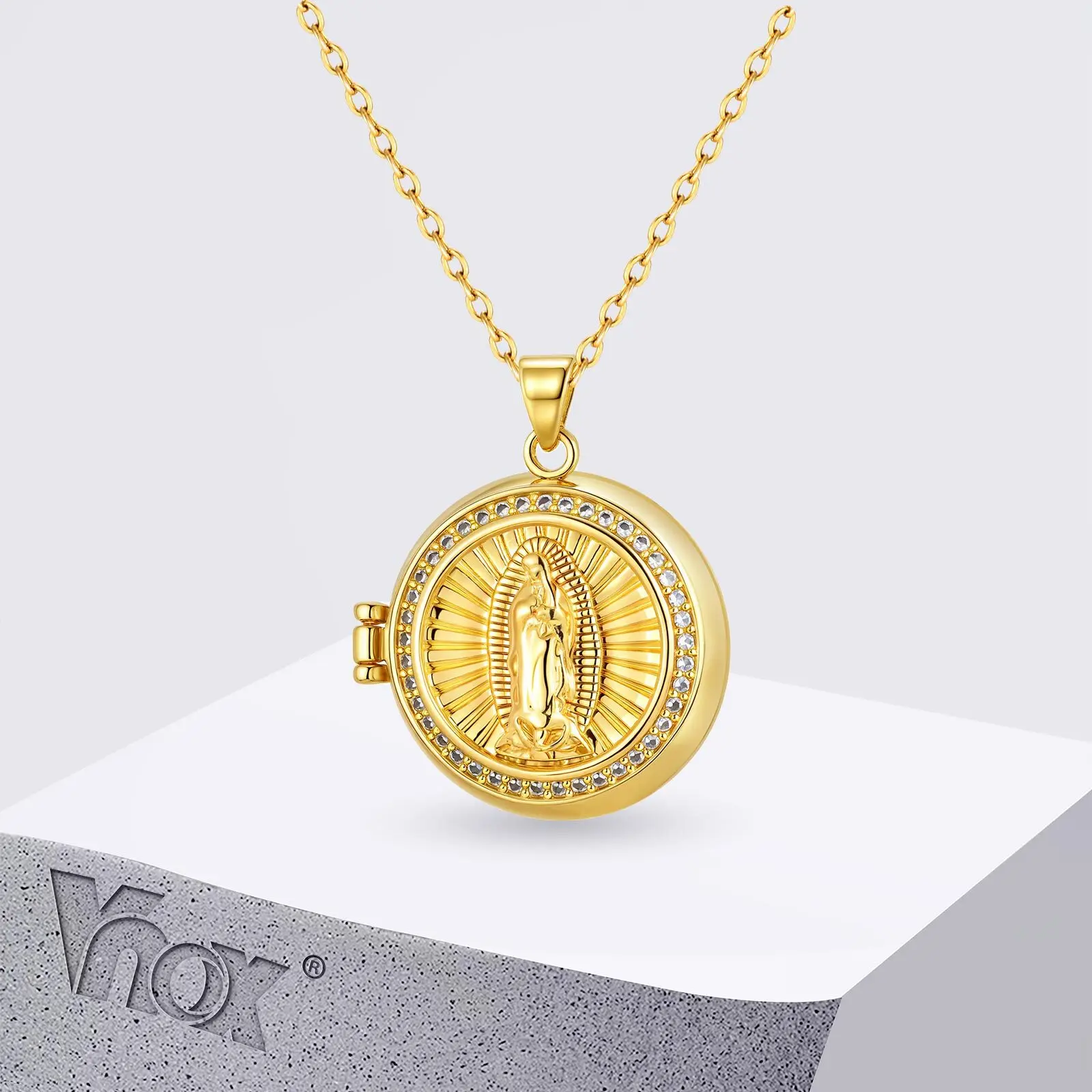 Vnox Metal AAA Zircon Inlaid Virgin Mary Necklace, Gold Plated Can Open Pendant, Classic Religious Jewelry
Vnox Metal AAA Zircon Inlaid Virgin Mary Necklace, Gold Plated Can Open Pendant, Classic Religious Jewelry