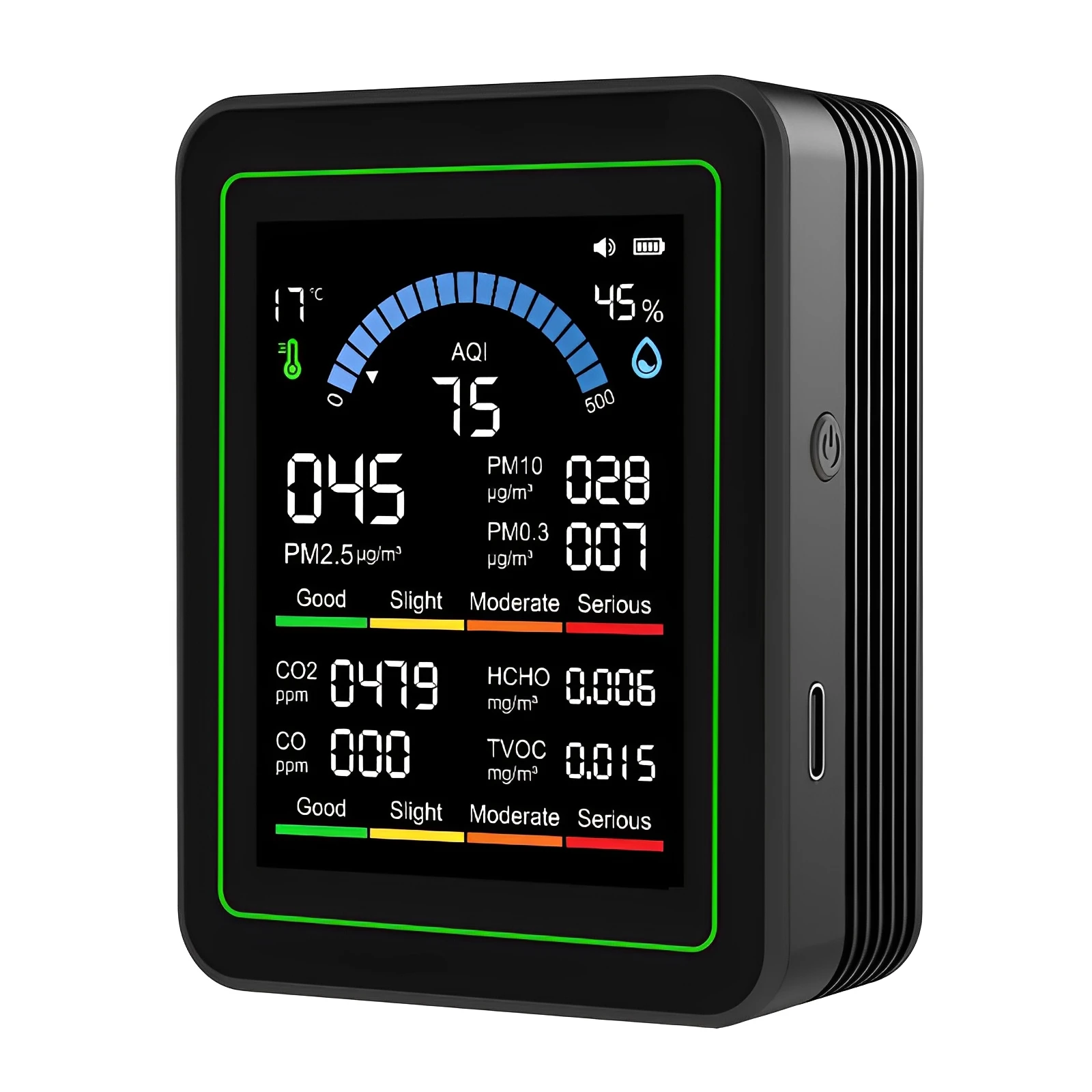 10-in-1 Air Condition Tester 2.8-inch TFT Color Display PM2.5/PM10/PM0.3/HCHO/TVOC/CO₂/CO/AQI/Temperature/Humidity Monitor
10-in-1 Air Condition Tester 2.8-inch TFT Color Display PM2.5/PM10/PM0.3/HCHO/TVOC/CO₂/CO/AQI/Temperature/Humidity Monitor