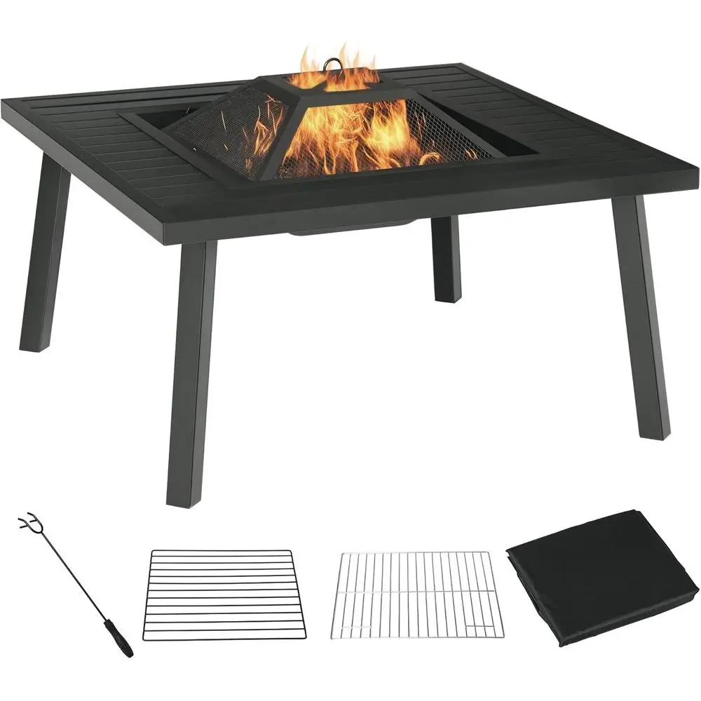 34-Inch Outdoor Metal Wood-Burning Fire Pit with Grill, Spark Screen, Poker, Cover, and Table Edge in Black
34-Inch Outdoor Metal Wood-Burning Fire Pit with Grill, Spark Screen, Poker, Cover, and Table Edge in Black