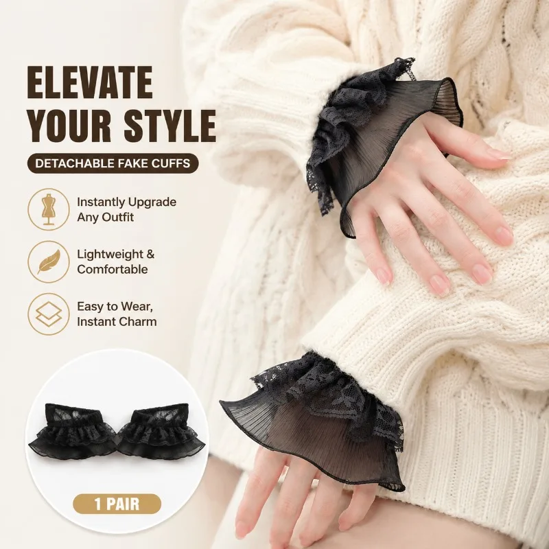 Fake Cuffs Decorative Lace Ruffles Elbow Sleeve Cuff, 1 Pair Detachable Fake Sleeves for Sweaters Blouse Dresses, Organza
Fake Cuffs Decorative Lace Ruffles Elbow Sleeve Cuff, 1 Pair Detachable Fake Sleeves for Sweaters Blouse Dresses, Organza