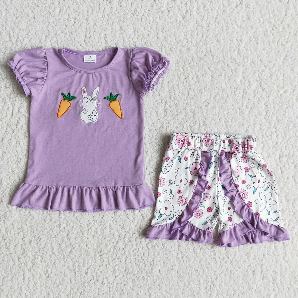 Wholesale Easter Rabbit Kid Children Embroidery Rabbits Carrots Outfit Baby Girl Purple Flower Ruffle Shorts Toddler Clothes
Wholesale Easter Rabbit Kid Children Embroidery Rabbits Carrots Outfit Baby Girl Purple Flower Ruffle Shorts Toddler Clothes