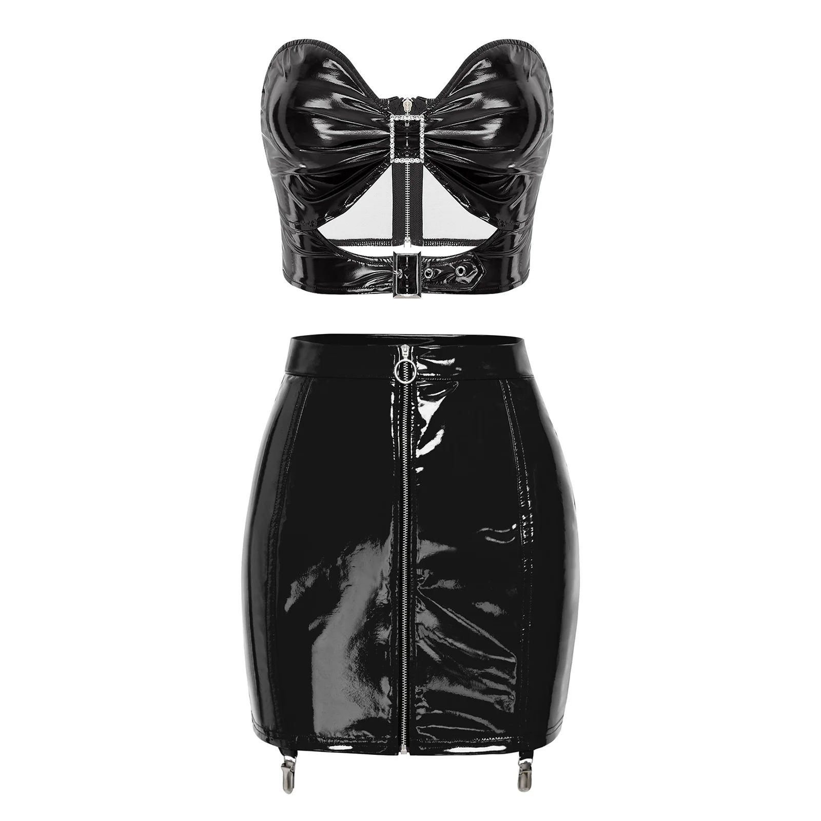 Women Patent Leather Two-Piece Lingerie Set Wet Look Latex Club Party Outfit Hollow Out Bra Top with Zipper Garters Mini Skirts
Women Patent Leather Two-Piece Lingerie Set Wet Look Latex Club Party Outfit Hollow Out Bra Top with Zipper Garters Mini Skirts