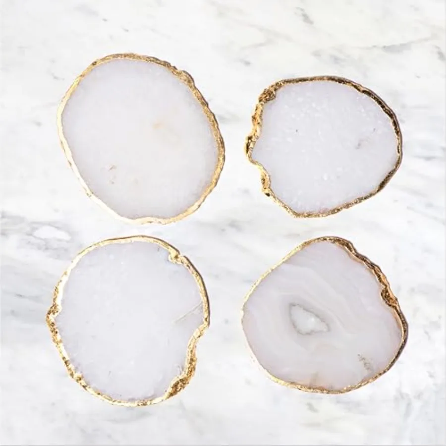 Pearl White Natural Sliced 3-4.5" Agate Coasters Set of 4 Brazilian Natural Gemstone Coasters with Gold Rim
Pearl White Natural Sliced 3-4.5" Agate Coasters Set of 4 Brazilian Natural Gemstone Coasters with Gold Rim