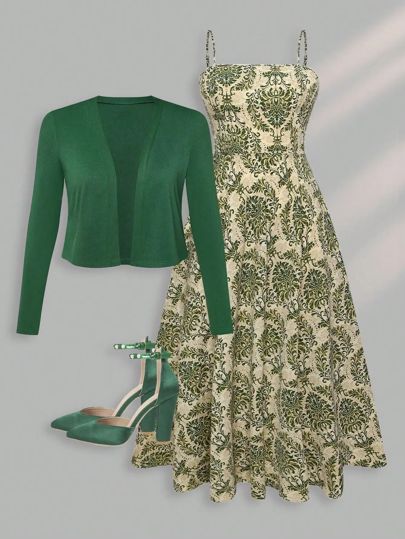 Elegant Green Floral Print Midi Dress with Knitted Cardigan Set
Elegant Green Floral Print Midi Dress with Knitted Cardigan Set