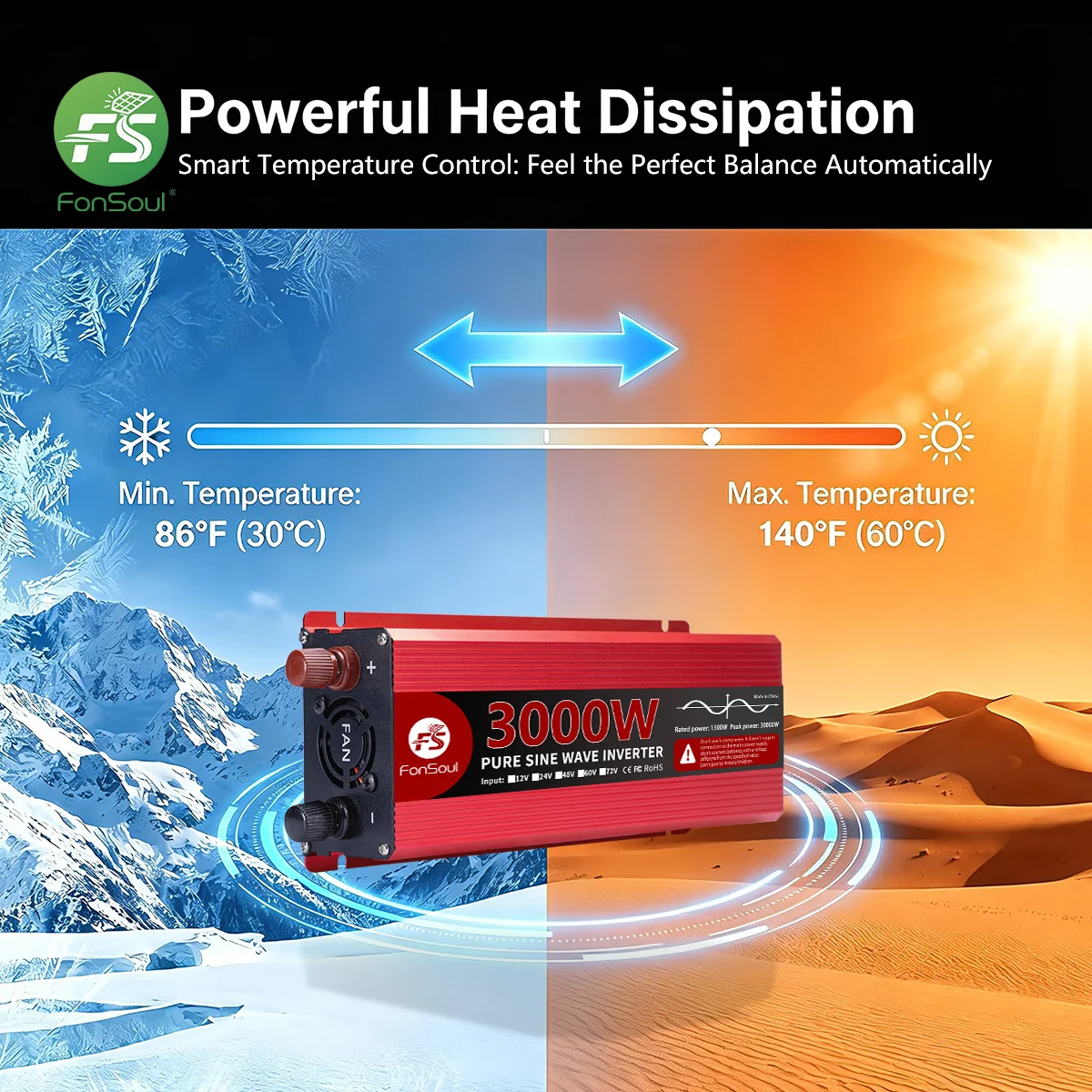 Fonsoul Solar Inverter 3KW Pure Sine Wave 12V 24V to110V 220V Universal or Europe Outlet for Automobile Home Appliance 50HZ/60HZ
Fonsoul Solar Inverter 3KW Pure Sine Wave 12V 24V to110V 220V Universal or Europe Outlet for Automobile Home Appliance 50HZ/60HZ