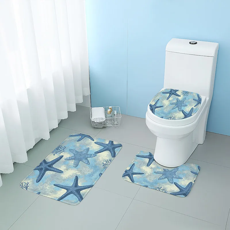 3-piece set of soft and machine-washable bathroom floor mats including base, toilet lid cover and bathroom floor mat.
3-piece set of soft and machine-washable bathroom floor mats including base, toilet lid cover and bathroom floor mat.