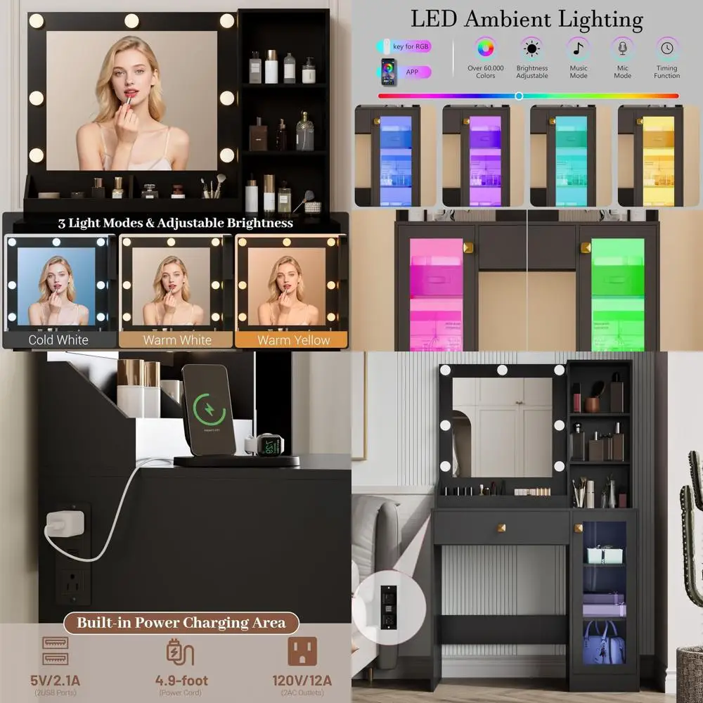 Compact LED-lit Makeup Vanity Desk with Glass Cabinet, Power Outlet, and Adjustable Lighting for Women & Girls' Bedroom
Compact LED-lit Makeup Vanity Desk with Glass Cabinet, Power Outlet, and Adjustable Lighting for Women & Girls' Bedroom