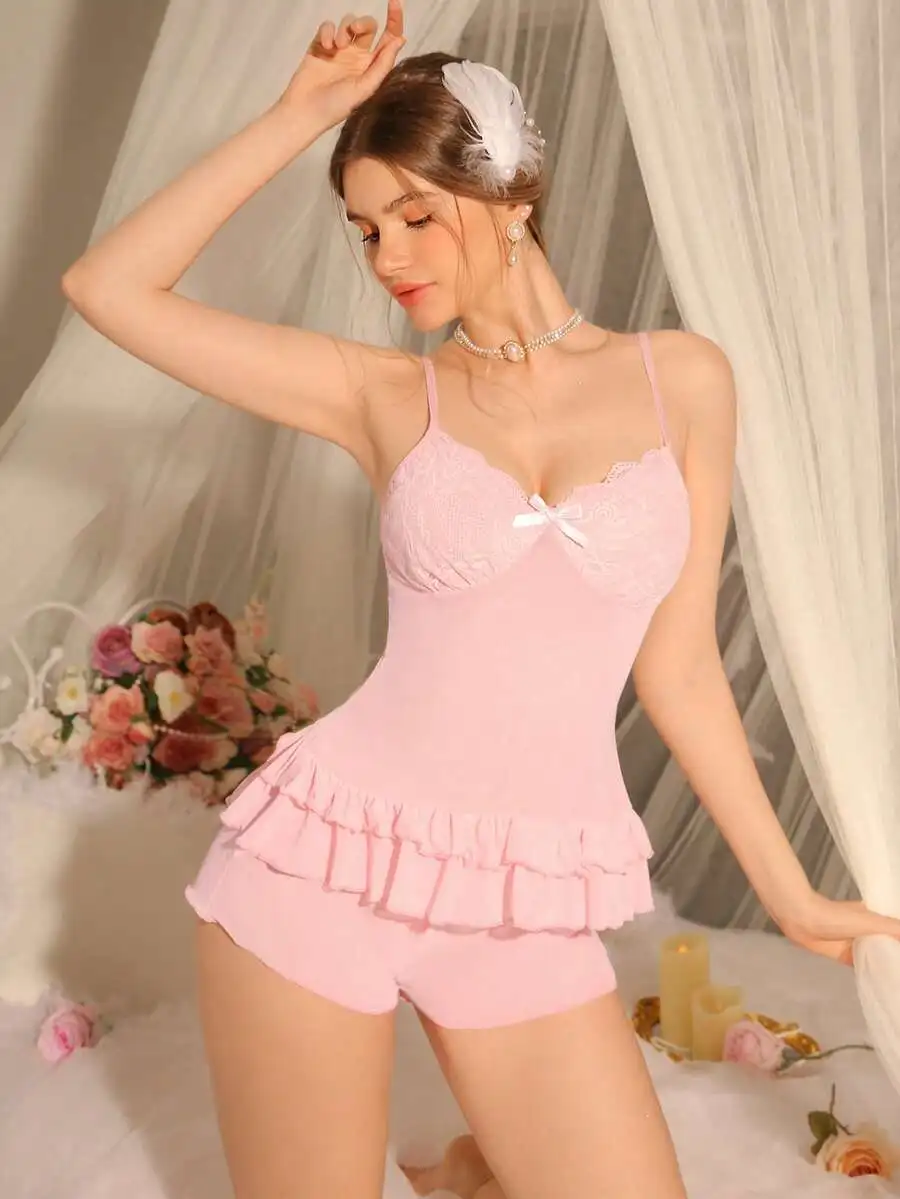 Pink Lace Babydoll Top And Ruffled Shorts Set Women Sleepwear
Pink Lace Babydoll Top And Ruffled Shorts Set Women Sleepwear