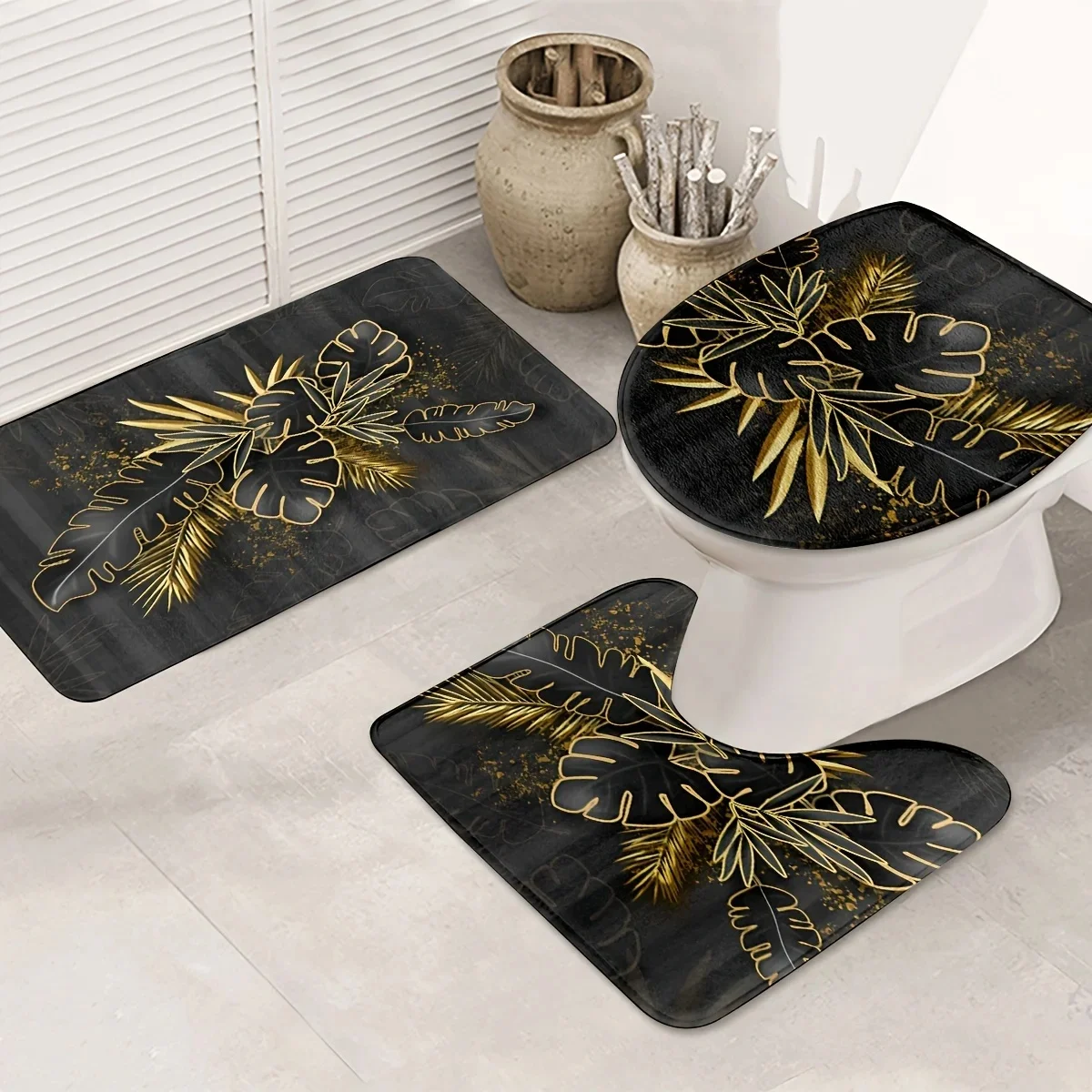 Black Banana Leaf Print Floor Mat Set, Three-Piece Bathroom Mat Set, Non-Slip Mat, Absorbent Mat, Toilet Seat Cover Mat, Toilet
Black Banana Leaf Print Floor Mat Set, Three-Piece Bathroom Mat Set, Non-Slip Mat, Absorbent Mat, Toilet Seat Cover Mat, Toilet