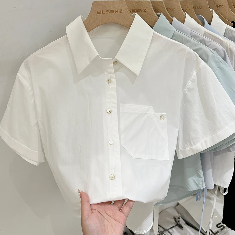 Summer Women Short-sleeved Blouse Solid Color Simple Lapels Tops Fashion Versatile Casual Single Breasted Shirt
Summer Women Short-sleeved Blouse Solid Color Simple Lapels Tops Fashion Versatile Casual Single Breasted Shirt