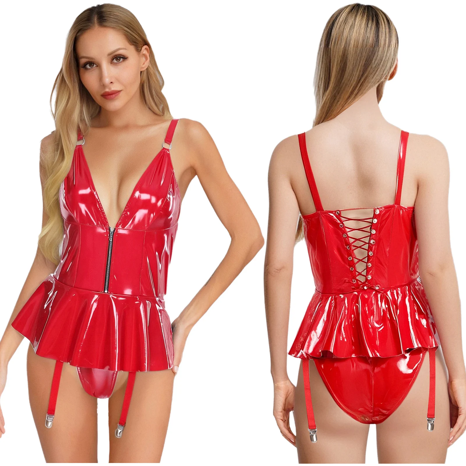 Womens PU Leather V Neck Sleeveless Skrited Bodysuit Wet Look Front Zipper Ruffled Micro Dress Built-in Briefs Night Club Wear
Womens PU Leather V Neck Sleeveless Skrited Bodysuit Wet Look Front Zipper Ruffled Micro Dress Built-in Briefs Night Club Wear