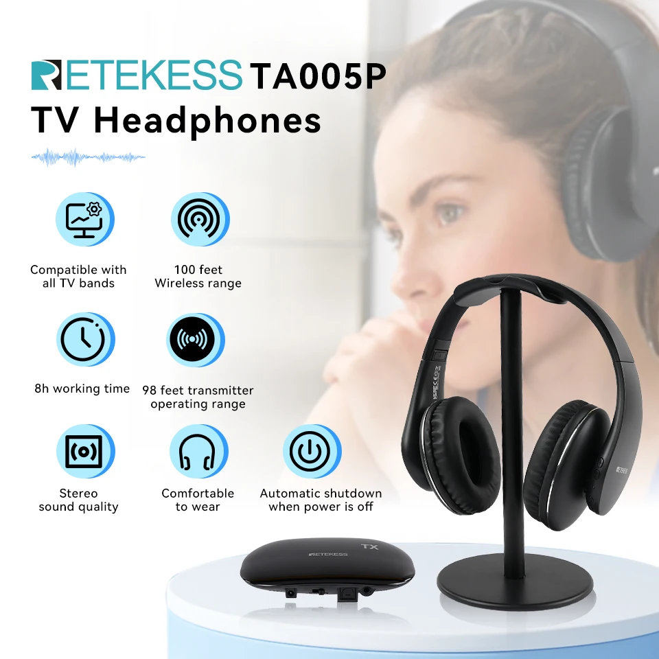 Retekess TA005 Pro Wireless TV Headphones 30m Range Stereo Audio Rechargable Wireless TV Headset Perfect for TV Watching Gaming
Retekess TA005 Pro Wireless TV Headphones 30m Range Stereo Audio Rechargable Wireless TV Headset Perfect for TV Watching Gaming