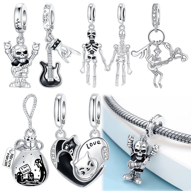 925 Sterling Silver Punk Gothic Skeleton & Guitar Charms Rock & Roll Skull Black Cat Beads fit Bracelets DIY Jewelry Gift
925 Sterling Silver Punk Gothic Skeleton & Guitar Charms Rock & Roll Skull Black Cat Beads fit Bracelets DIY Jewelry Gift