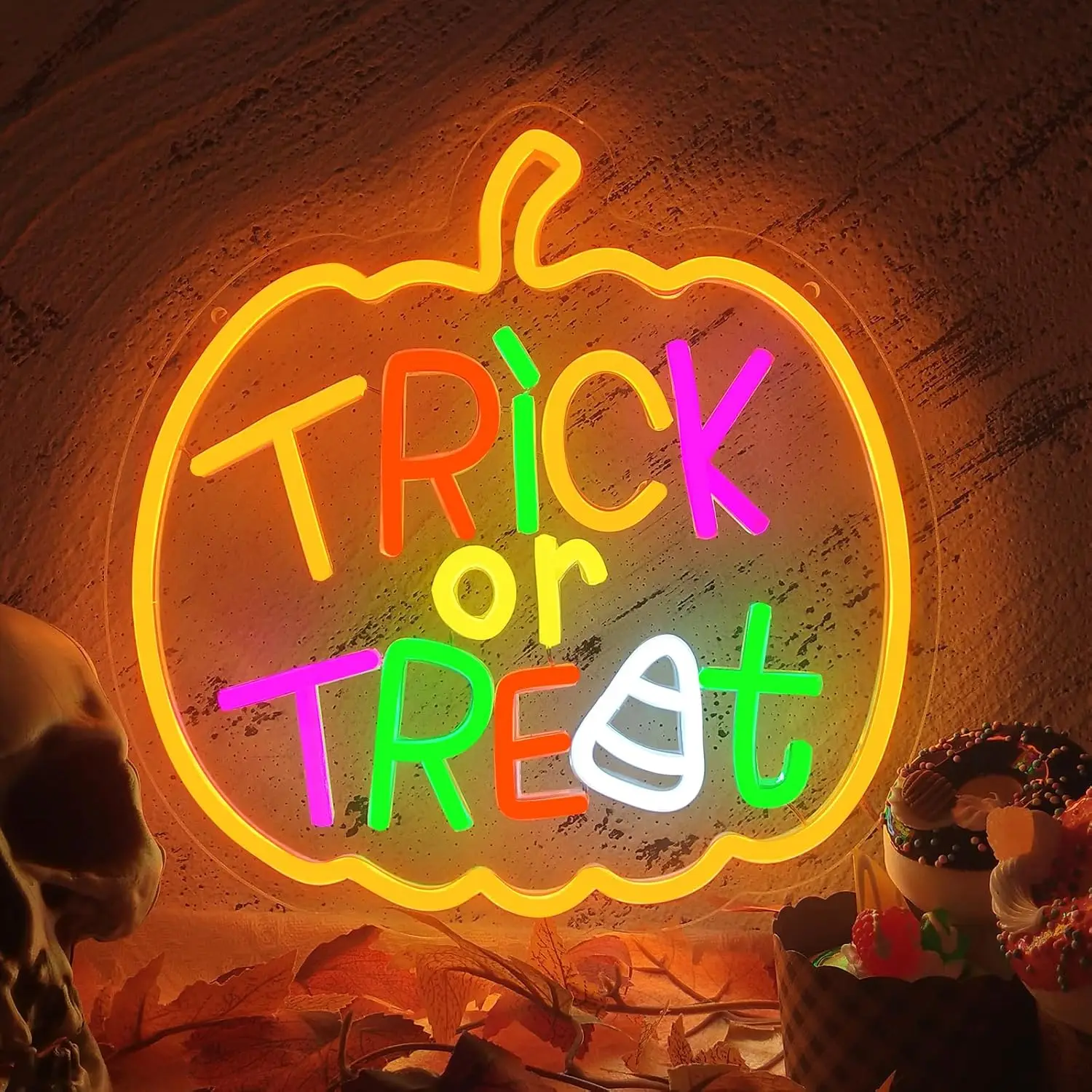 Trick or Treat Neon Sign with Candy Corn LED Dimmable Fall Halloween Neon Light Wall Decor Party Home Kid Room Bar Decoration
Trick or Treat Neon Sign with Candy Corn LED Dimmable Fall Halloween Neon Light Wall Decor Party Home Kid Room Bar Decoration