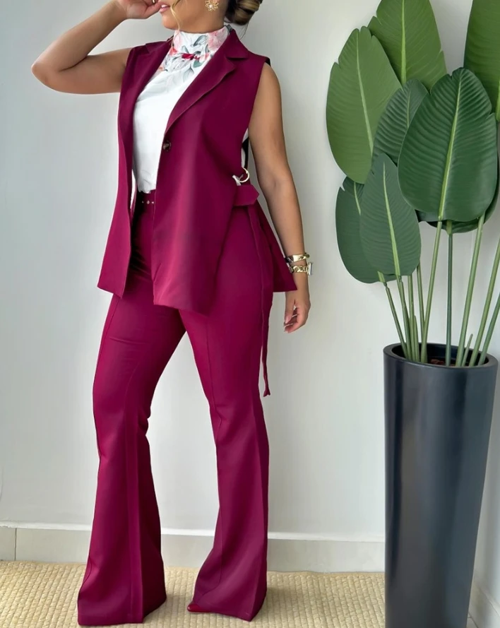Summer Women's 2-Piece Sleeveless Shawl Collar Lace Up Detail Vest Jacket and Casual Slim Fit Flared Pants Business Set
Summer Women's 2-Piece Sleeveless Shawl Collar Lace Up Detail Vest Jacket and Casual Slim Fit Flared Pants Business Set