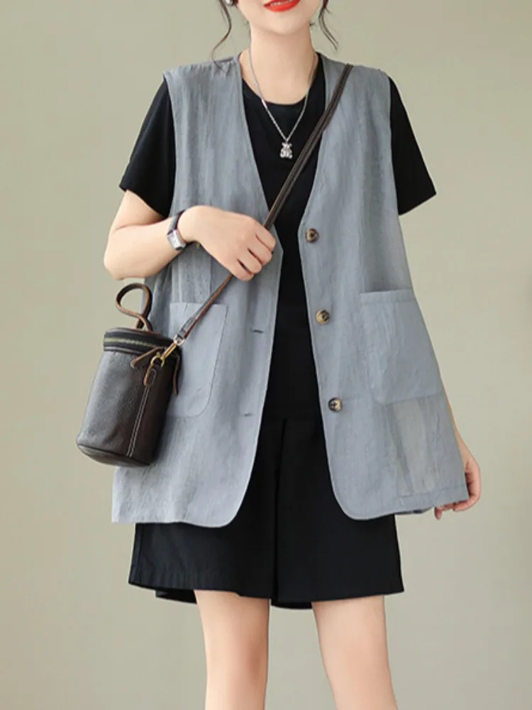 Cotton Linen Vest Outerwear Women Summer Loose V-neck Casual Sleeveless Vest Shoulder Pad Top Pure Color Commute Style
Cotton Linen Vest Outerwear Women Summer Loose V-neck Casual Sleeveless Vest Shoulder Pad Top Pure Color Commute Style