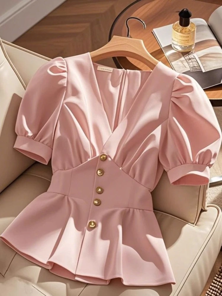 French Elegant Shirts V Neck Puff Sleeve Solid Color Pleated Single Breasted Blouses Summer Slim Waist Design Women's Clothing
French Elegant Shirts V Neck Puff Sleeve Solid Color Pleated Single Breasted Blouses Summer Slim Waist Design Women's Clothing
