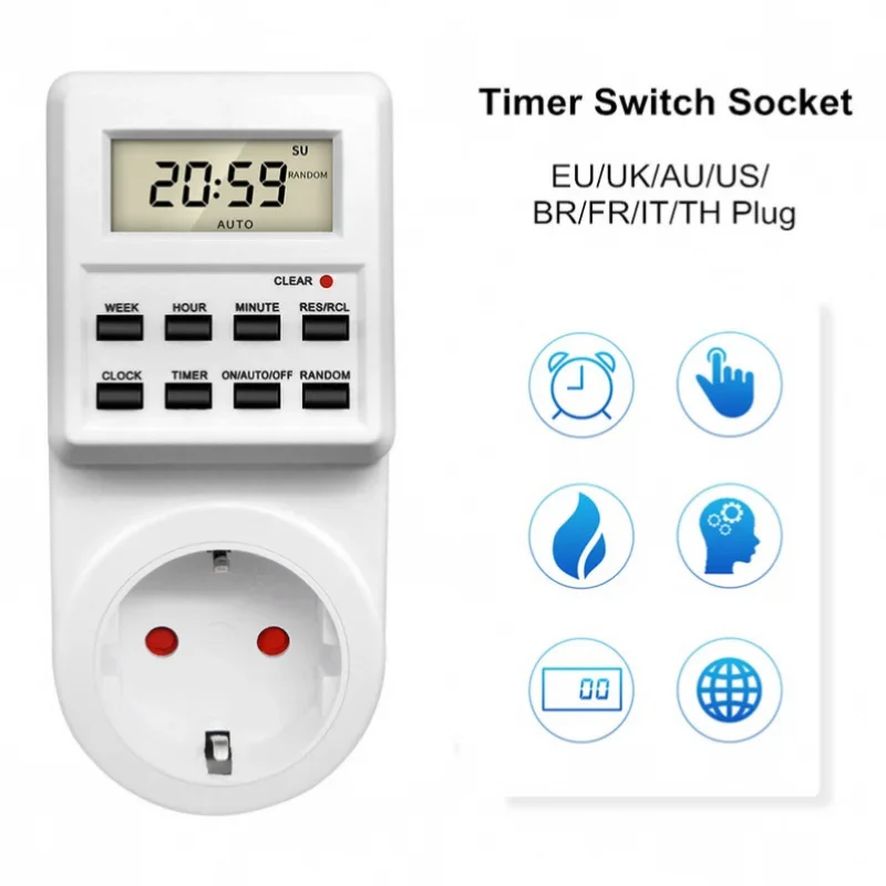 Electronic Digital Timer Switch Socket 24 Hour Cyclic Kitchen Timer Outlet Programmable Timing Socket EU UK AU US BR FR IT Plug
Electronic Digital Timer Switch Socket 24 Hour Cyclic Kitchen Timer Outlet Programmable Timing Socket EU UK AU US BR FR IT Plug
