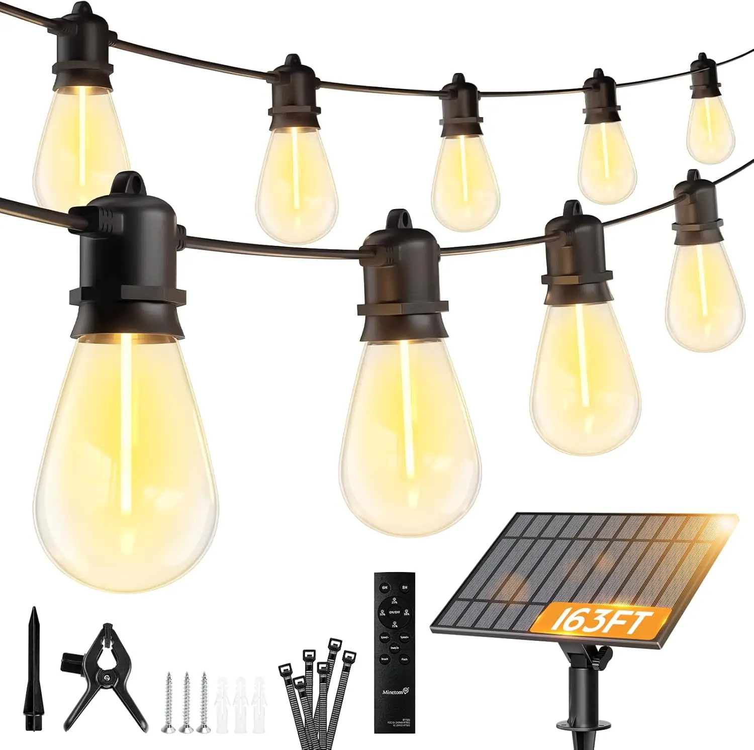 52 LED Solar String Lights Outdoor Waterproof, 163FT Patio Lights with Remote, Dimmable 3 Modes, Type-C Timable for Yard Camping
52 LED Solar String Lights Outdoor Waterproof, 163FT Patio Lights with Remote, Dimmable 3 Modes, Type-C Timable for Yard Camping