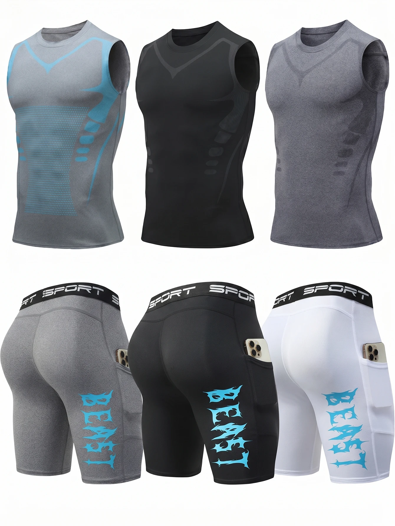 6-Piece Men's Compression Set: Sleeveless Workout Tank Top with Cell Phone Pocket and Shorts—Perfect for Workouts and Everyday Wear
6-Piece Men's Compression Set: Sleeveless Workout Tank Top with Cell Phone Pocket and Shorts—Perfect for Workouts and Everyday Wear
