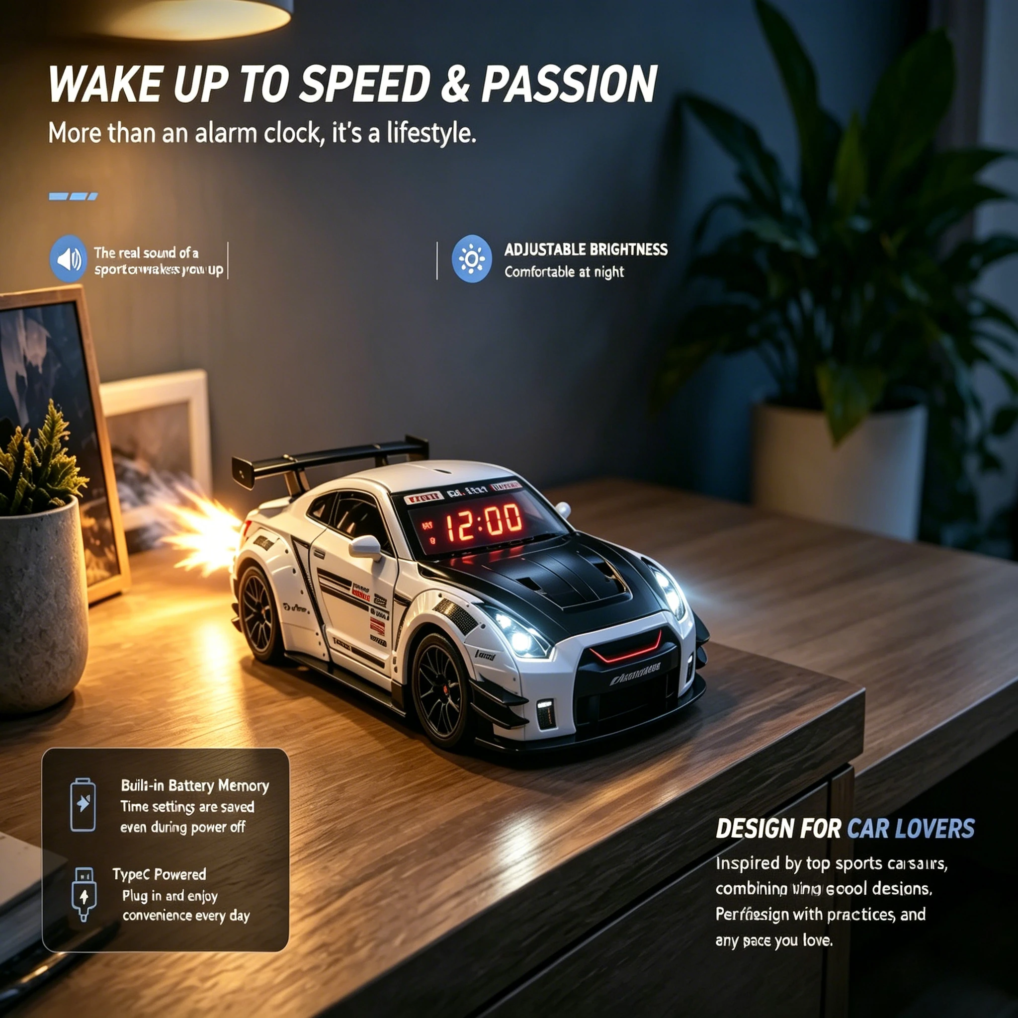 Mini Hypercar Alarm Clock Real Car Engine Sound Mist Spray Decoration Adjustable Alarm Clock Collectible Gift for Enthusiasts
Mini Hypercar Alarm Clock Real Car Engine Sound Mist Spray Decoration Adjustable Alarm Clock Collectible Gift for Enthusiasts