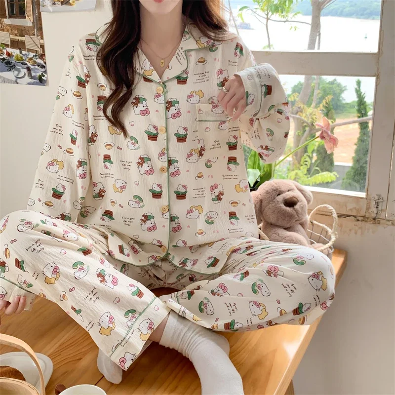 New Hello Kitty pajamas cotton lapel loose cardigan long-sleeved trousers women's pajamas Sanrio women's loungewear set dwe
New Hello Kitty pajamas cotton lapel loose cardigan long-sleeved trousers women's pajamas Sanrio women's loungewear set dwe