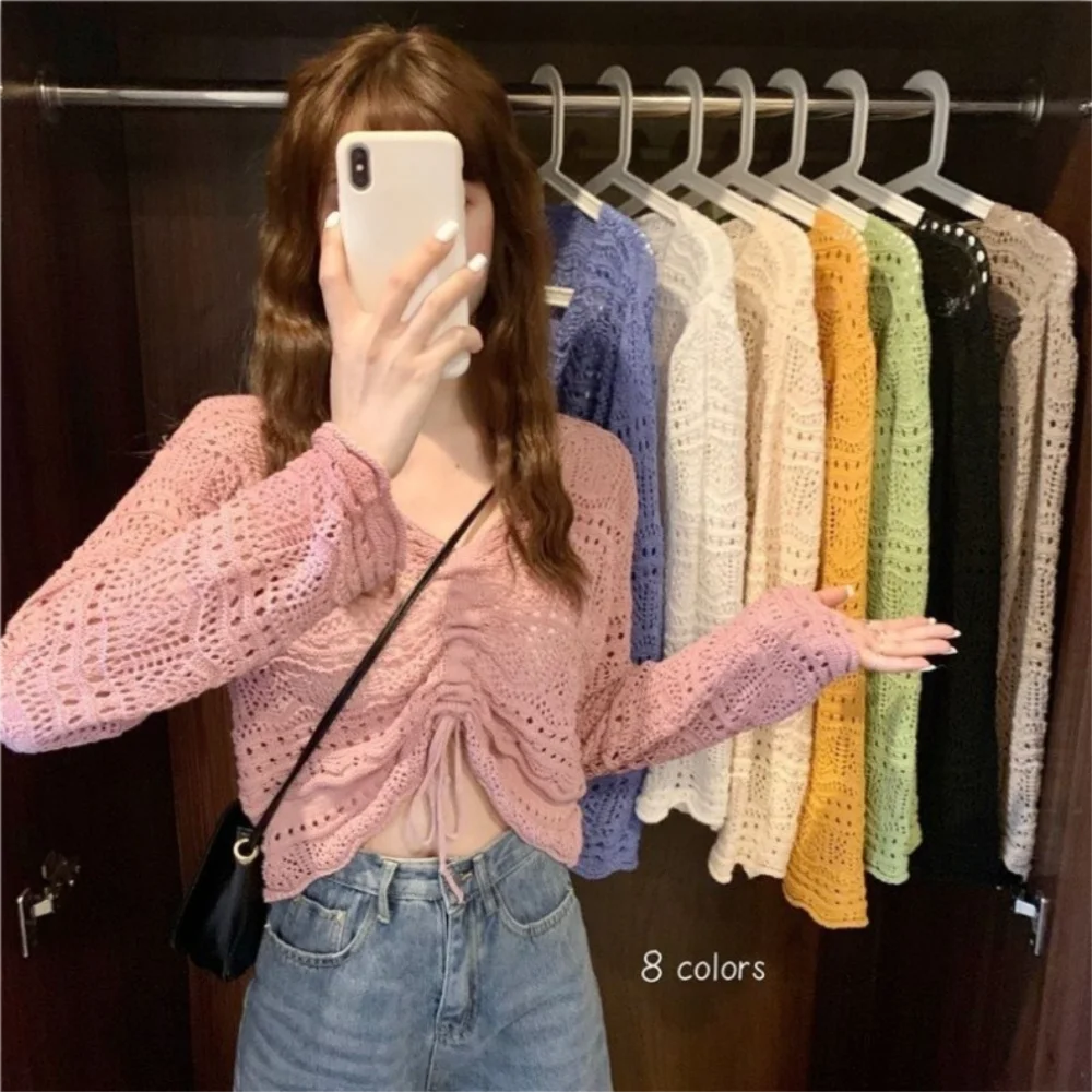 Summer Hollow Drawstring Sun Protection Top Thin Loose Crochet Knit Top Pullover V-neck Long-sleeved Knit Shirt Women Accessory
Summer Hollow Drawstring Sun Protection Top Thin Loose Crochet Knit Top Pullover V-neck Long-sleeved Knit Shirt Women Accessory