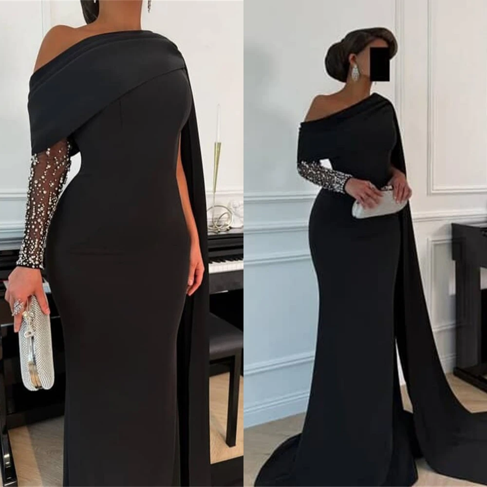 Customized Exquisite Black Jersey Evening Dress Delicate Boat Neck One Shoulder Long Sleeves Cocktail Dress Classic Party Dress
Customized Exquisite Black Jersey Evening Dress Delicate Boat Neck One Shoulder Long Sleeves Cocktail Dress Classic Party Dress