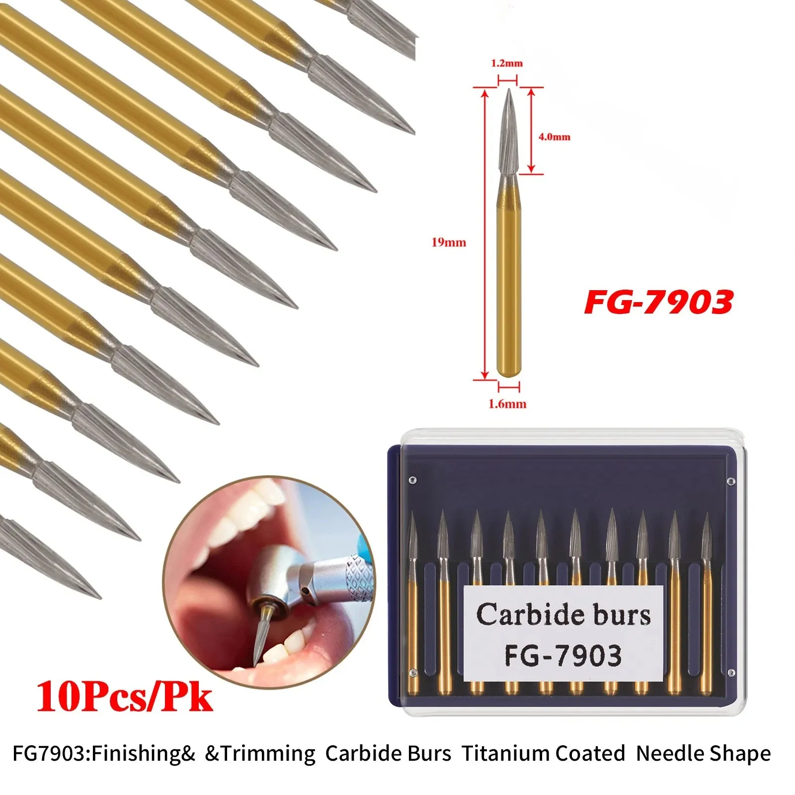 10Pcs Dental Tungsten Carbide Gold Burs Trimming & Finishing Needle Shape FG7903 Fit High Speed Handpiece
10Pcs Dental Tungsten Carbide Gold Burs Trimming & Finishing Needle Shape FG7903 Fit High Speed Handpiece