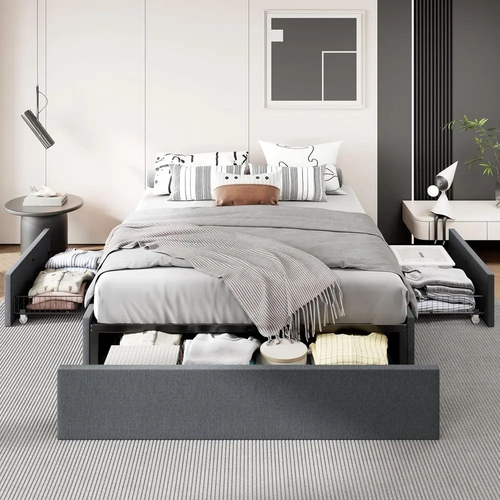 Grey Upholstered Platform Bed with 3 Drawers, No Headboard, Wooden Slats, No Box Spring Needed, Quiet Design
Grey Upholstered Platform Bed with 3 Drawers, No Headboard, Wooden Slats, No Box Spring Needed, Quiet Design