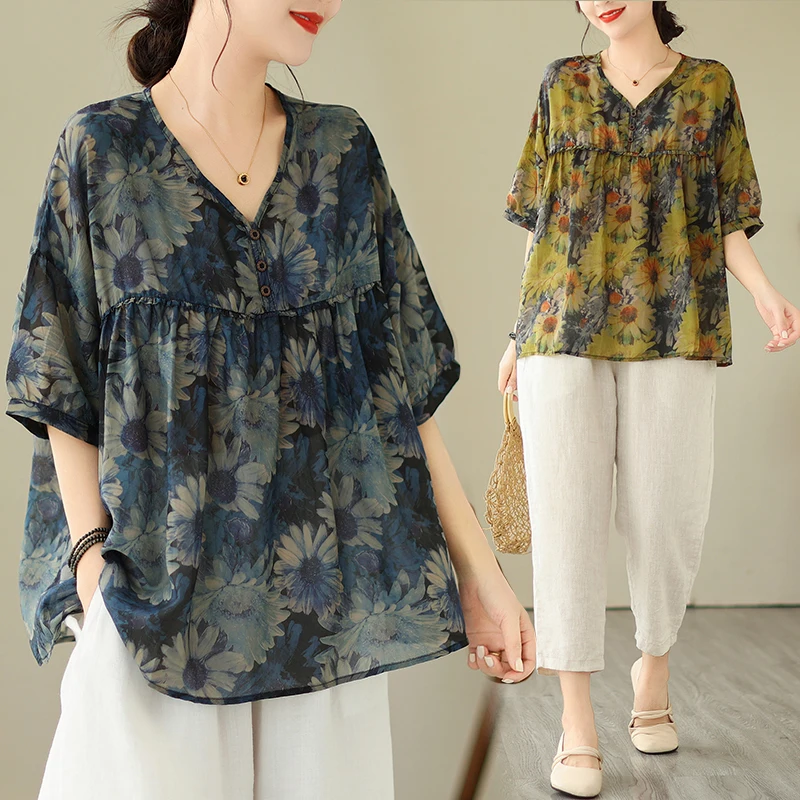 2024 New Arrival Summer Arts Style Women Loose Fit Casual Vintage Floral Patchwork Blouse V-neck Short Sleeve Shirts S103
2024 New Arrival Summer Arts Style Women Loose Fit Casual Vintage Floral Patchwork Blouse V-neck Short Sleeve Shirts S103