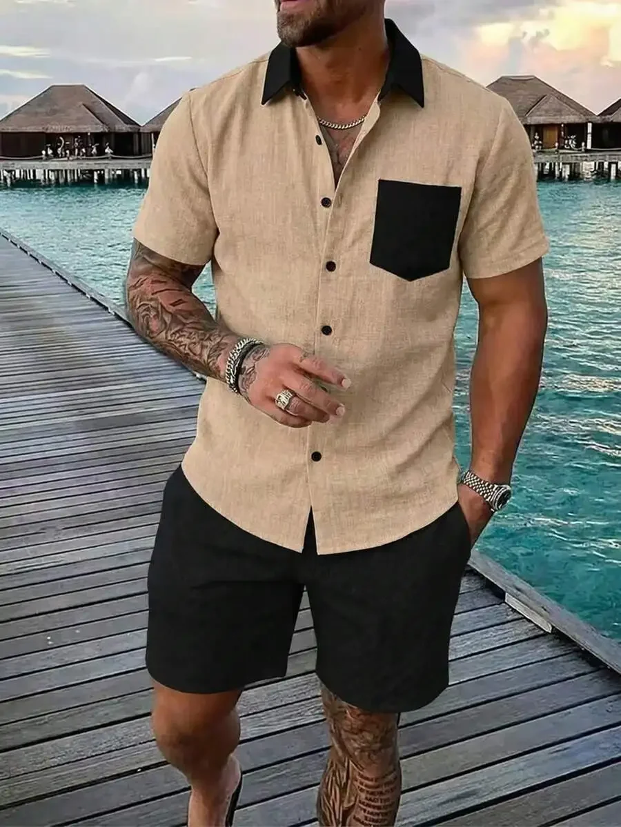 Mens Beige Short Sleeve Button Up Shirt With Black Pocket And Black Shorts Beach Outfit
Mens Beige Short Sleeve Button Up Shirt With Black Pocket And Black Shorts Beach Outfit