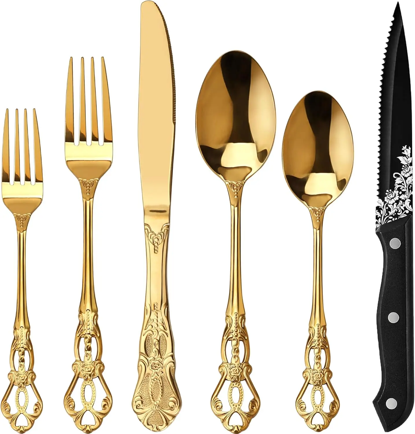 48 Pieces Flatware Set, Retro Gold Silverware Set for 8, Anti-rust Stainless Steel Cutlery Set with Fork Spoon Knife and Steak
48 Pieces Flatware Set, Retro Gold Silverware Set for 8, Anti-rust Stainless Steel Cutlery Set with Fork Spoon Knife and Steak