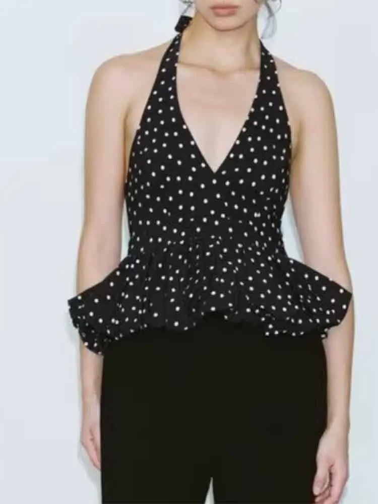 European style new women's clothing French polka dot fashionable and versatile halter neck tie backless camisole top
European style new women's clothing French polka dot fashionable and versatile halter neck tie backless camisole top
