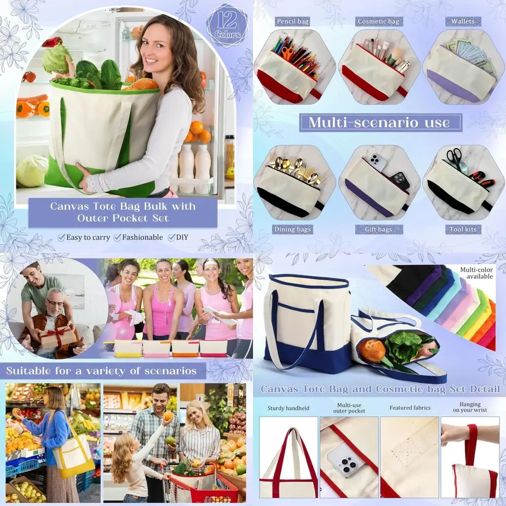 Холщовые сумки-тоут оптом с внешним карманом и косметичкой, 18 многоразовых хозяйственных сумок для женщин, для пляжа и рукоделия
Холщовые сумки-тоут оптом с внешним карманом и косметичкой, 18 многоразовых хозяйственных сумок для женщин, для пляжа и рукоделия