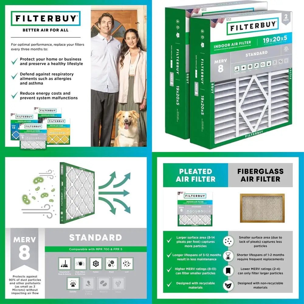 19x20x5 MERV 8 Air Filter for Dust & Allergy Relief (2-Pack), Pleated for HVAC Systems
19x20x5 MERV 8 Air Filter for Dust & Allergy Relief (2-Pack), Pleated for HVAC Systems