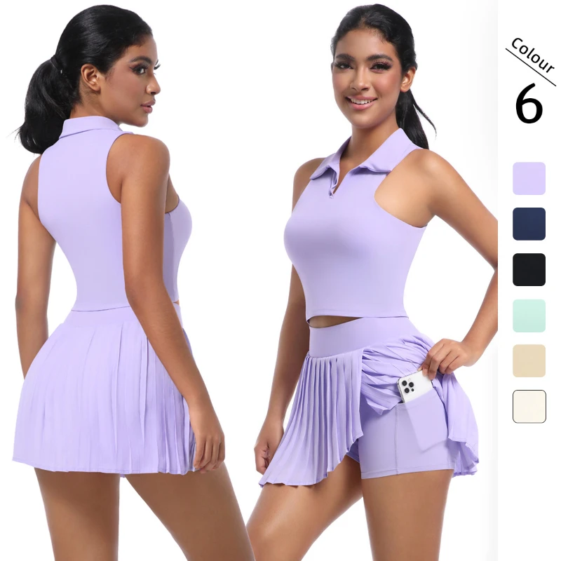 Solid color lapel vest breathable quick-drying fake two-piece pleated skirt set sports running fitness yoga suit 
Solid color lapel vest breathable quick-drying fake two-piece pleated skirt set sports running fitness yoga suit