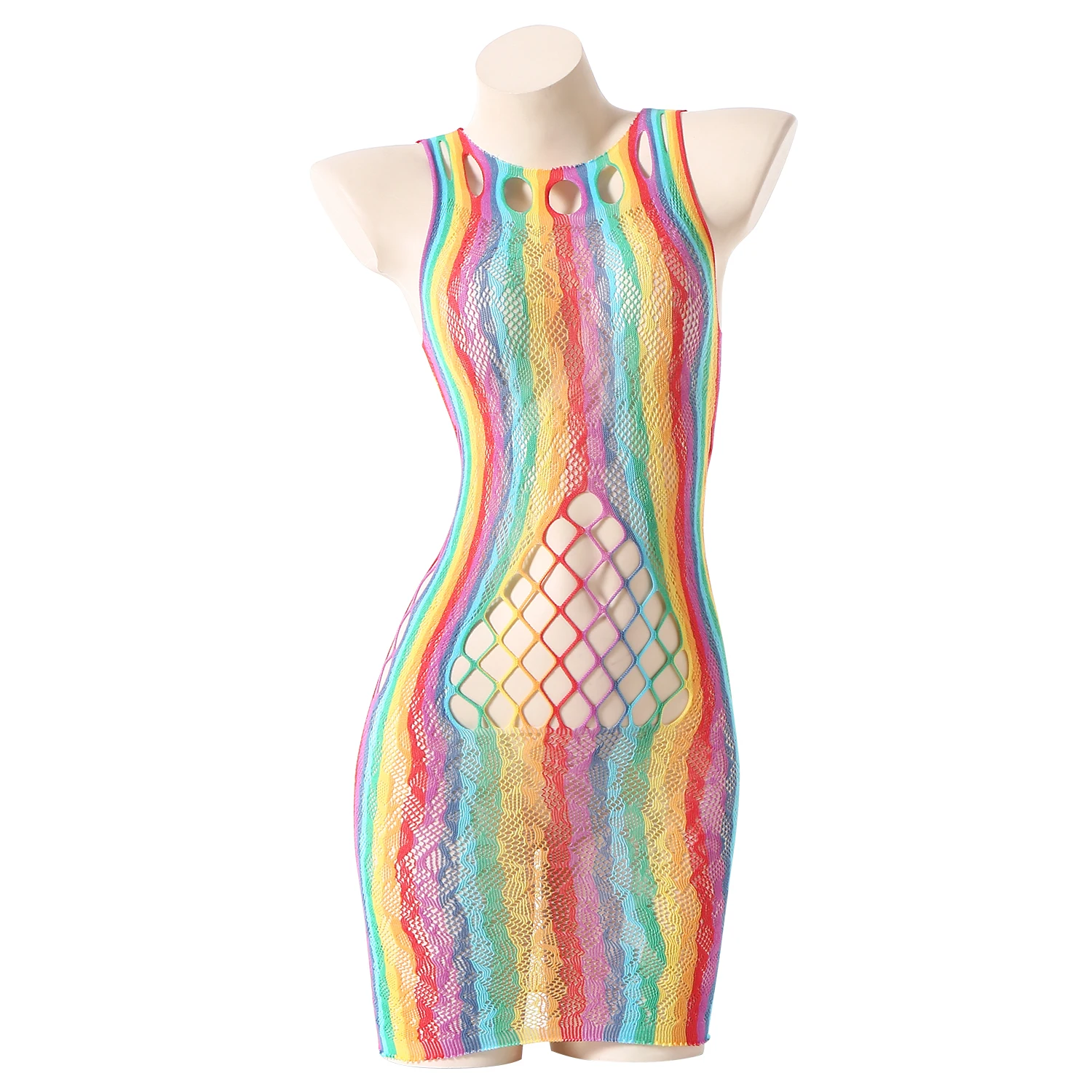 Transparent hollow mesh erotic rainbow dress with lace drape, chemical color stripes, backless color hollow rainbow dress
Transparent hollow mesh erotic rainbow dress with lace drape, chemical color stripes, backless color hollow rainbow dress