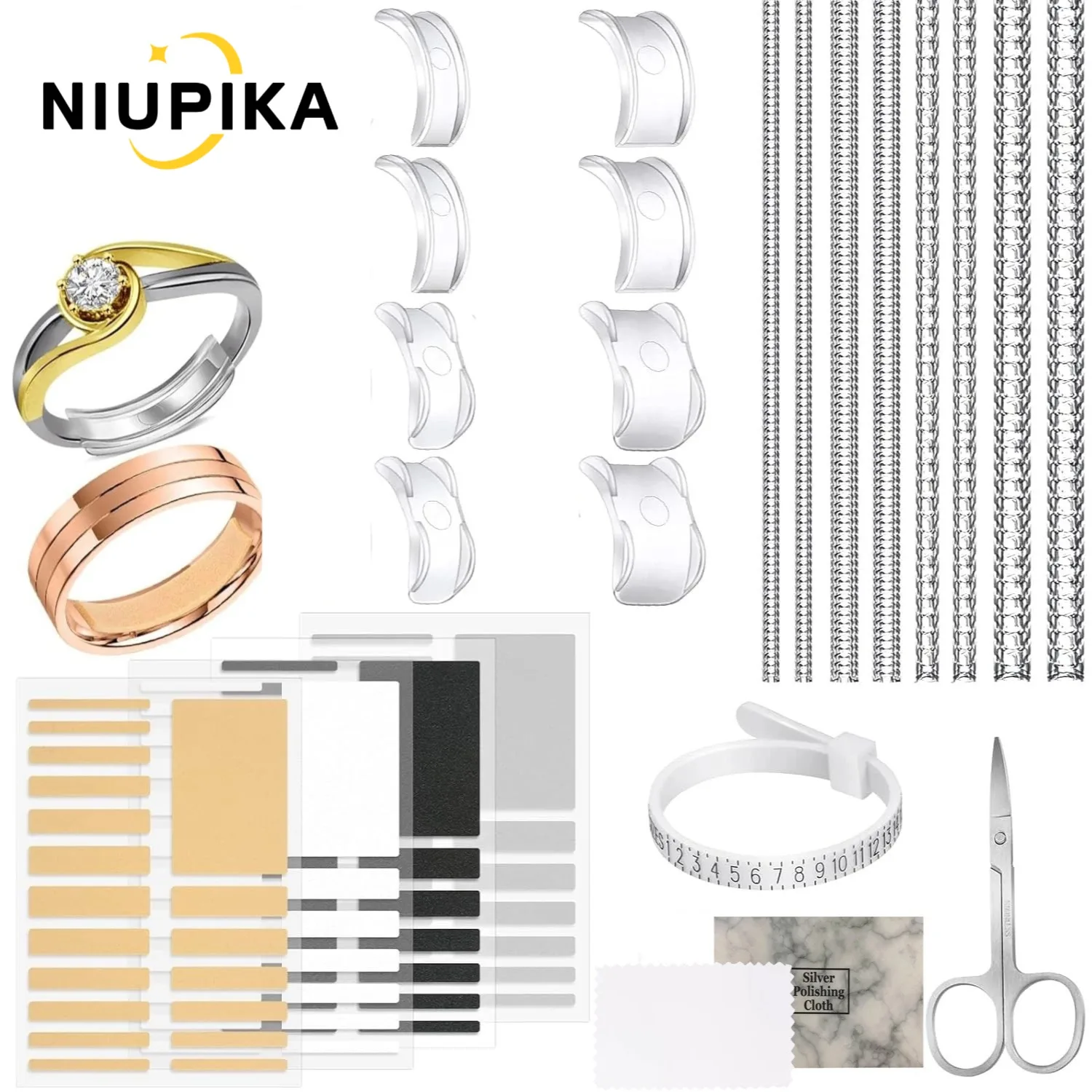 23PCS Ring Size Adjuster Kit: 8PCS Ring Size Pad, 8PCS Clear Rope, 4PCS EVA Pad (Brown/White/Black/Gray) + Ruler, Silver Cloth
23PCS Ring Size Adjuster Kit: 8PCS Ring Size Pad, 8PCS Clear Rope, 4PCS EVA Pad (Brown/White/Black/Gray) + Ruler, Silver Cloth