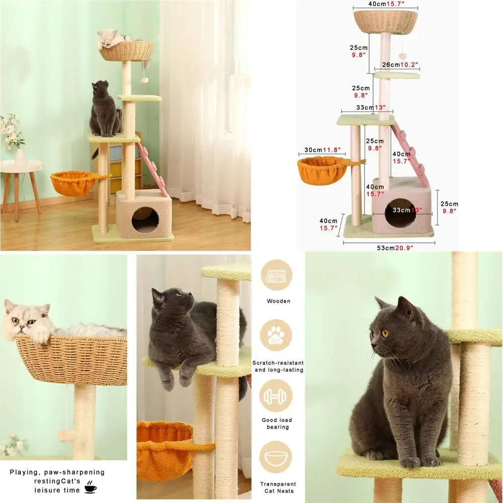 Multi-Cat Family Sisal Post Cat Tree with 5 Levels, Thickened Pillars, 2 Jumping Platforms, Climbing Ladder, and Woven Cat Bed
Multi-Cat Family Sisal Post Cat Tree with 5 Levels, Thickened Pillars, 2 Jumping Platforms, Climbing Ladder, and Woven Cat Bed
