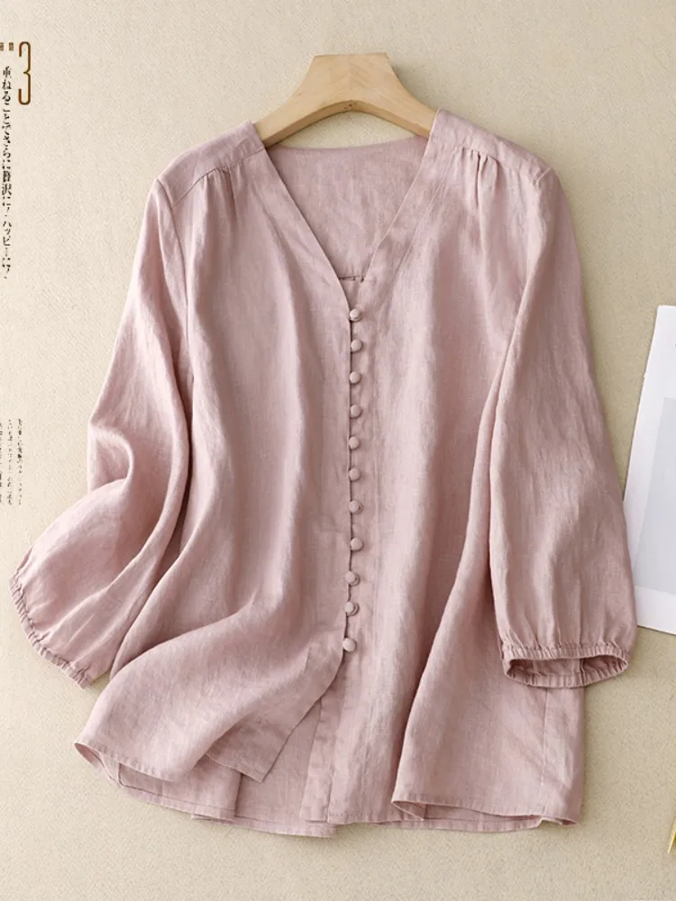 Summer Thin Cotton Linen Shirt Women's Pure Color Versatile Youthful Slimming V-neck Cotton Linen Seven-quarter Sleeve Top
Summer Thin Cotton Linen Shirt Women's Pure Color Versatile Youthful Slimming V-neck Cotton Linen Seven-quarter Sleeve Top