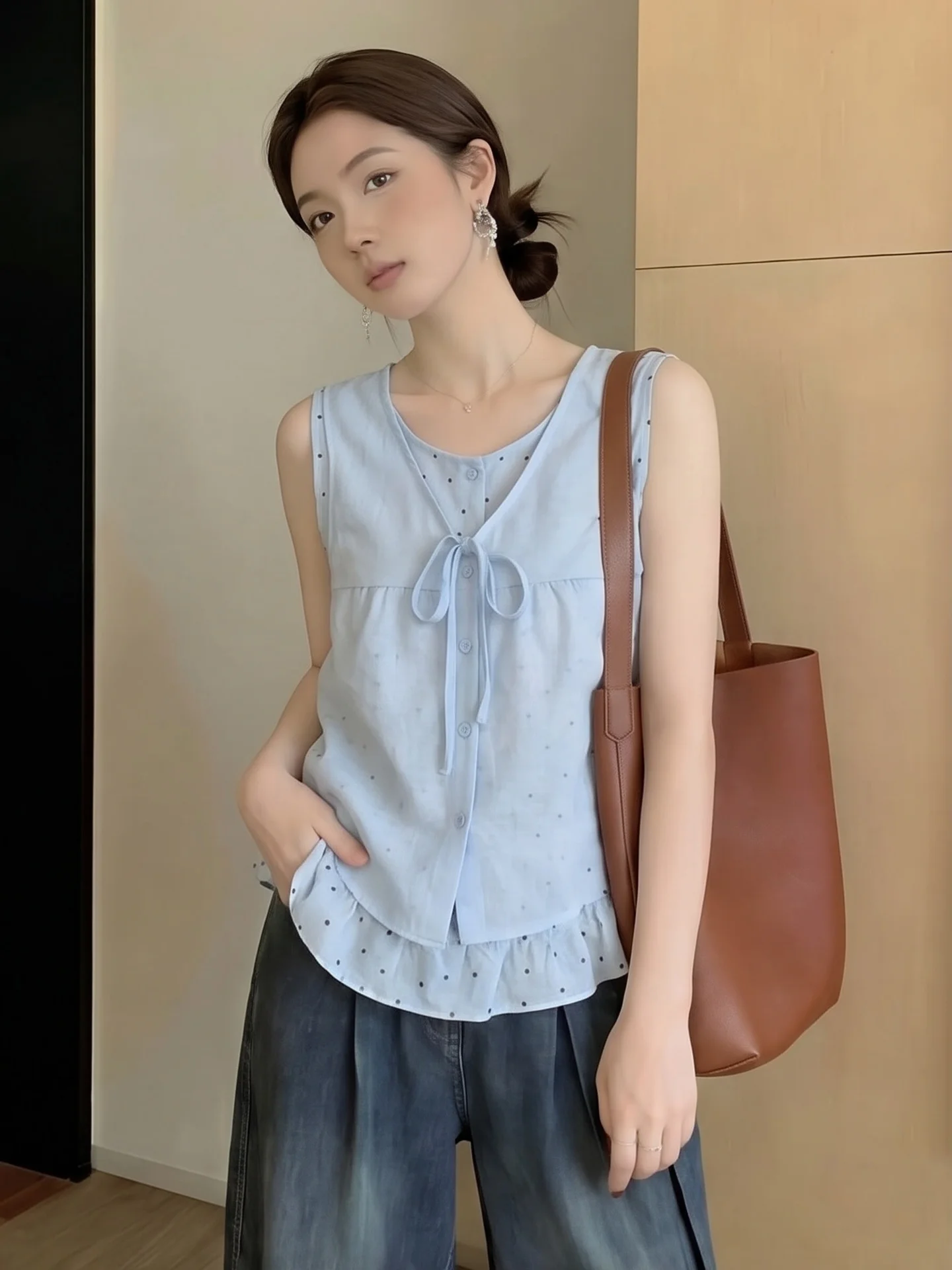 Blue Polka Dot Sleeveless Shirt Women's Summer Sweet Anti Aging Knot Belted Hem Skirt Upper Body Korean Style Commute
Blue Polka Dot Sleeveless Shirt Women's Summer Sweet Anti Aging Knot Belted Hem Skirt Upper Body Korean Style Commute