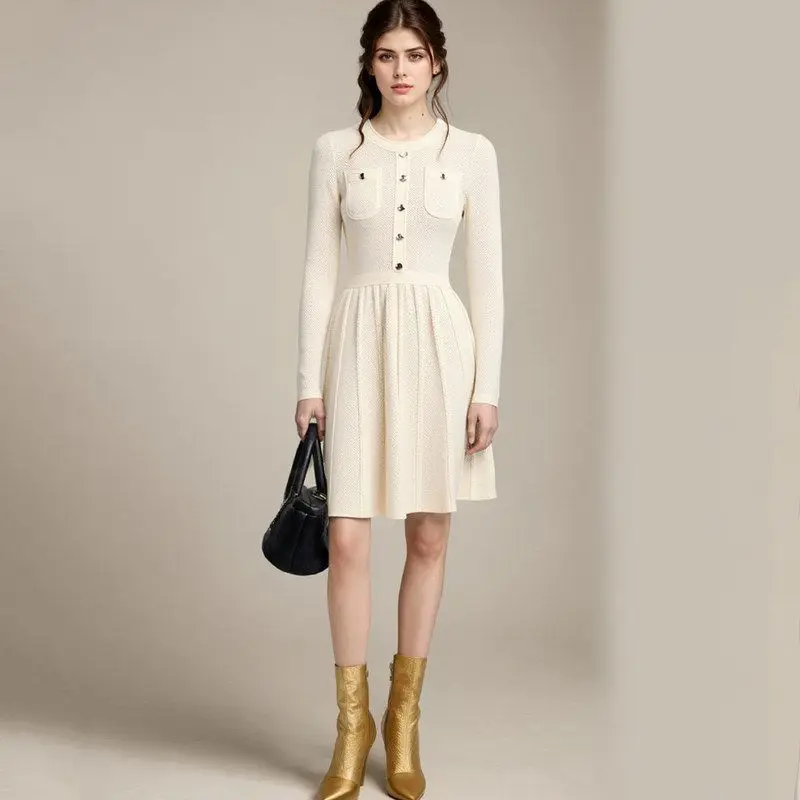 High Quality Knitted round Neck Long Sleeve Dress Pearl Beaded Midi Dress Elegant Ladylike Style Spring Autumn New Arrival
High Quality Knitted round Neck Long Sleeve Dress Pearl Beaded Midi Dress Elegant Ladylike Style Spring Autumn New Arrival