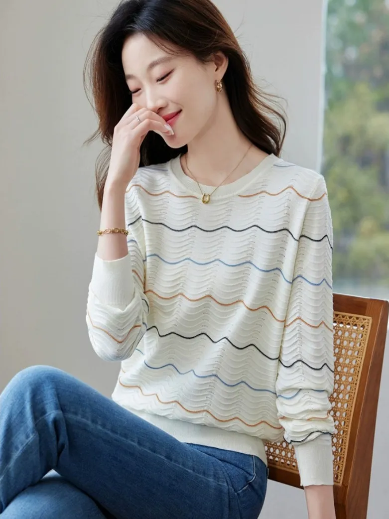 High-End European Sle Women's Long Sve Striped Knitted Base irt Casual Loose Fit Soft Comfortable Spring Autumn Top
High-End European Sle Women's Long Sve Striped Knitted Base irt Casual Loose Fit Soft Comfortable Spring Autumn Top
