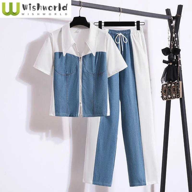 2025 Summer New Vintage Denim Patchwork Short Sleeved Shirt Blouse Lace Up Wide Leg Pants Two-piece Set Women's Pants Set
2025 Summer New Vintage Denim Patchwork Short Sleeved Shirt Blouse Lace Up Wide Leg Pants Two-piece Set Women's Pants Set