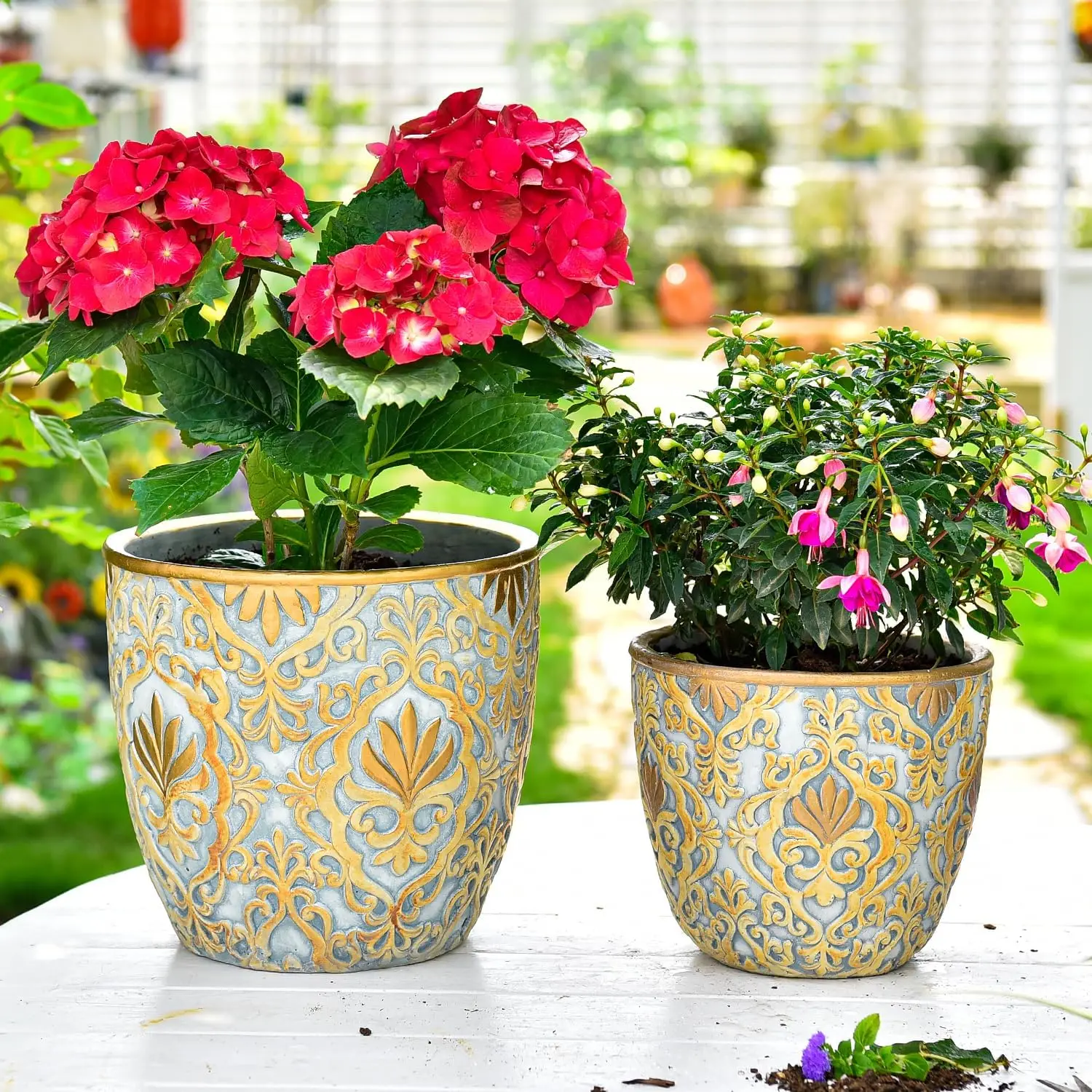 Large Heavy Duty Cement Planters, Embossed Concrete Garden Pots Set of 2 with Drainage Hole for Indoor Outdoor Plants
Large Heavy Duty Cement Planters, Embossed Concrete Garden Pots Set of 2 with Drainage Hole for Indoor Outdoor Plants
