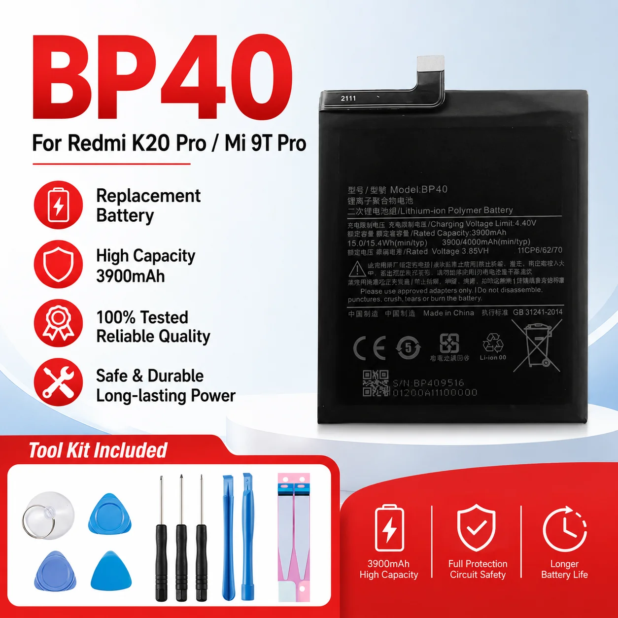 BP40 Li-Polymer Phone Battery 3.85V 4000mAh Standard Drain Rechargeable Cell for Xiaomi Redmi K20 Pro Mi 9T Pro Tools Kit
BP40 Li-Polymer Phone Battery 3.85V 4000mAh Standard Drain Rechargeable Cell for Xiaomi Redmi K20 Pro Mi 9T Pro Tools Kit