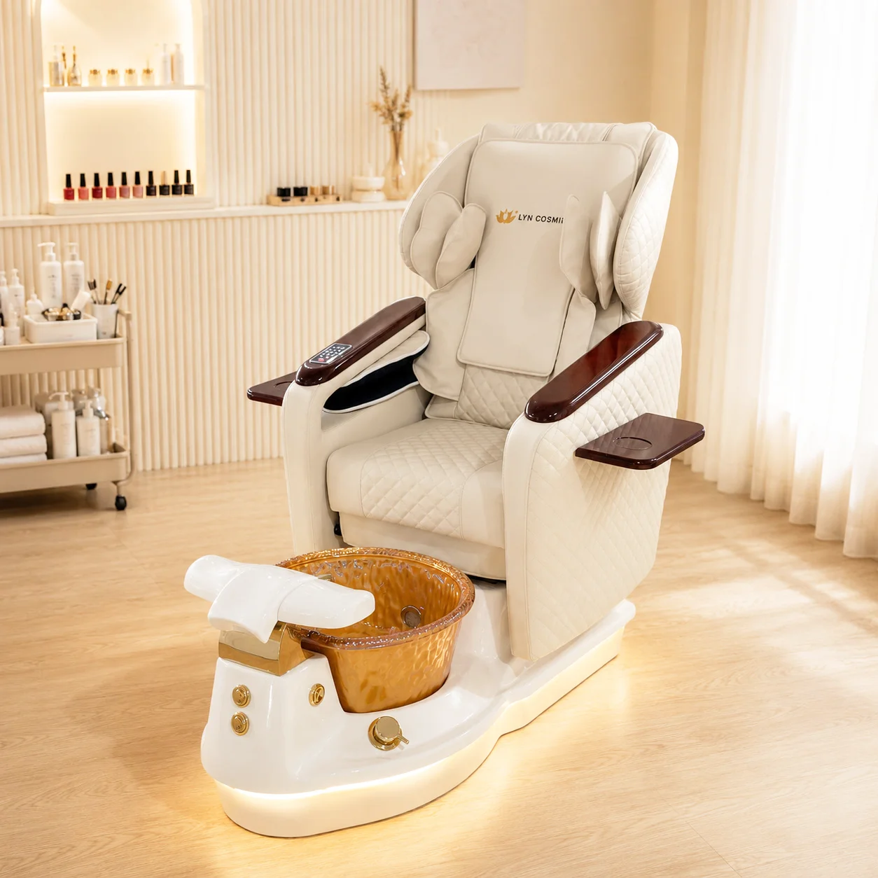 Massage Pedicure Spa Chair with Foot Tub Wooden Armrest Reclining Manicure Foot Spa Chair LED Light Base Salon Nail Equipment
Massage Pedicure Spa Chair with Foot Tub Wooden Armrest Reclining Manicure Foot Spa Chair LED Light Base Salon Nail Equipment