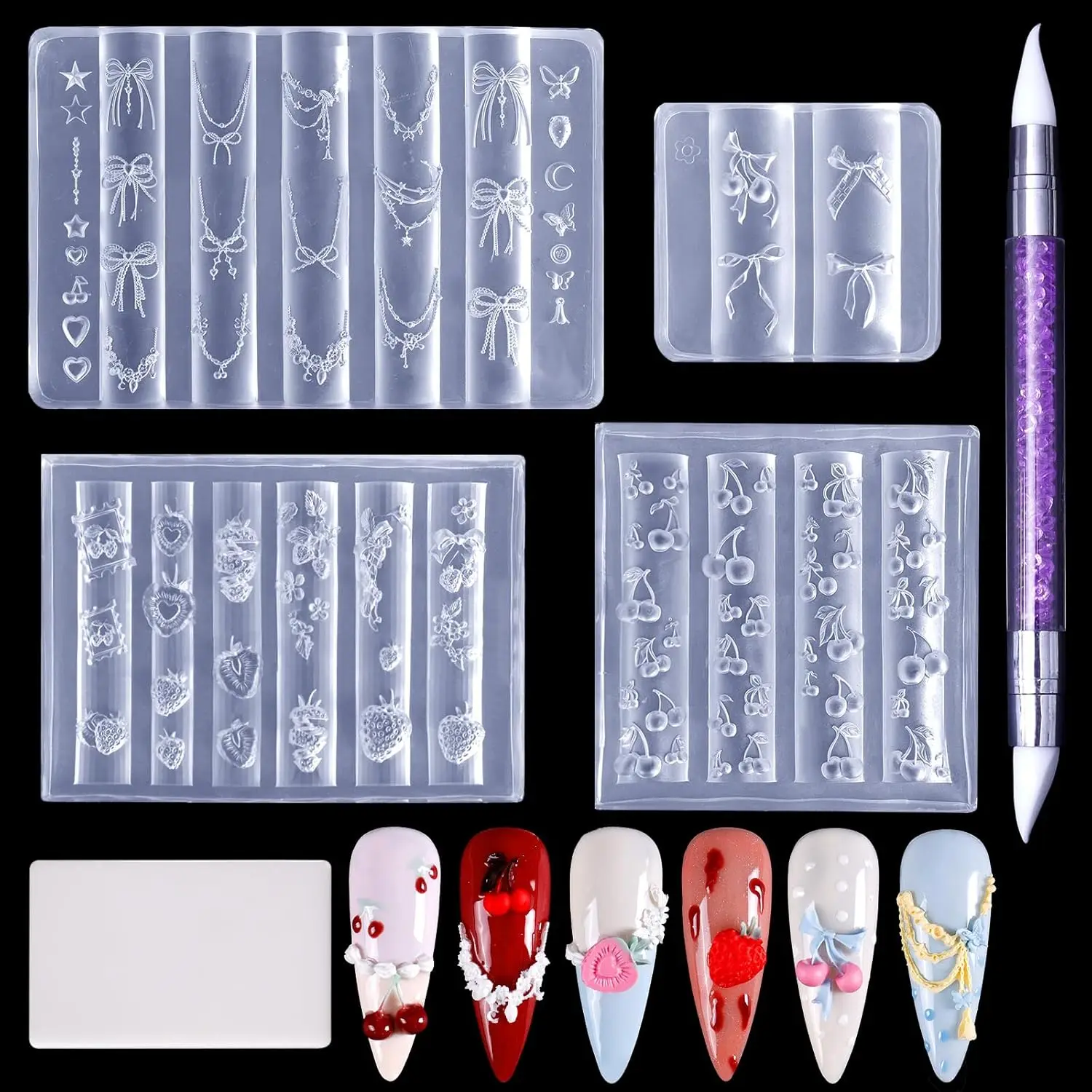4pcs Silicone Nail Art Molds, 3D Strawberry Bowknot Cherry Nail Charms Templates with Sculpture Pen for Salon DIY
4pcs Silicone Nail Art Molds, 3D Strawberry Bowknot Cherry Nail Charms Templates with Sculpture Pen for Salon DIY
